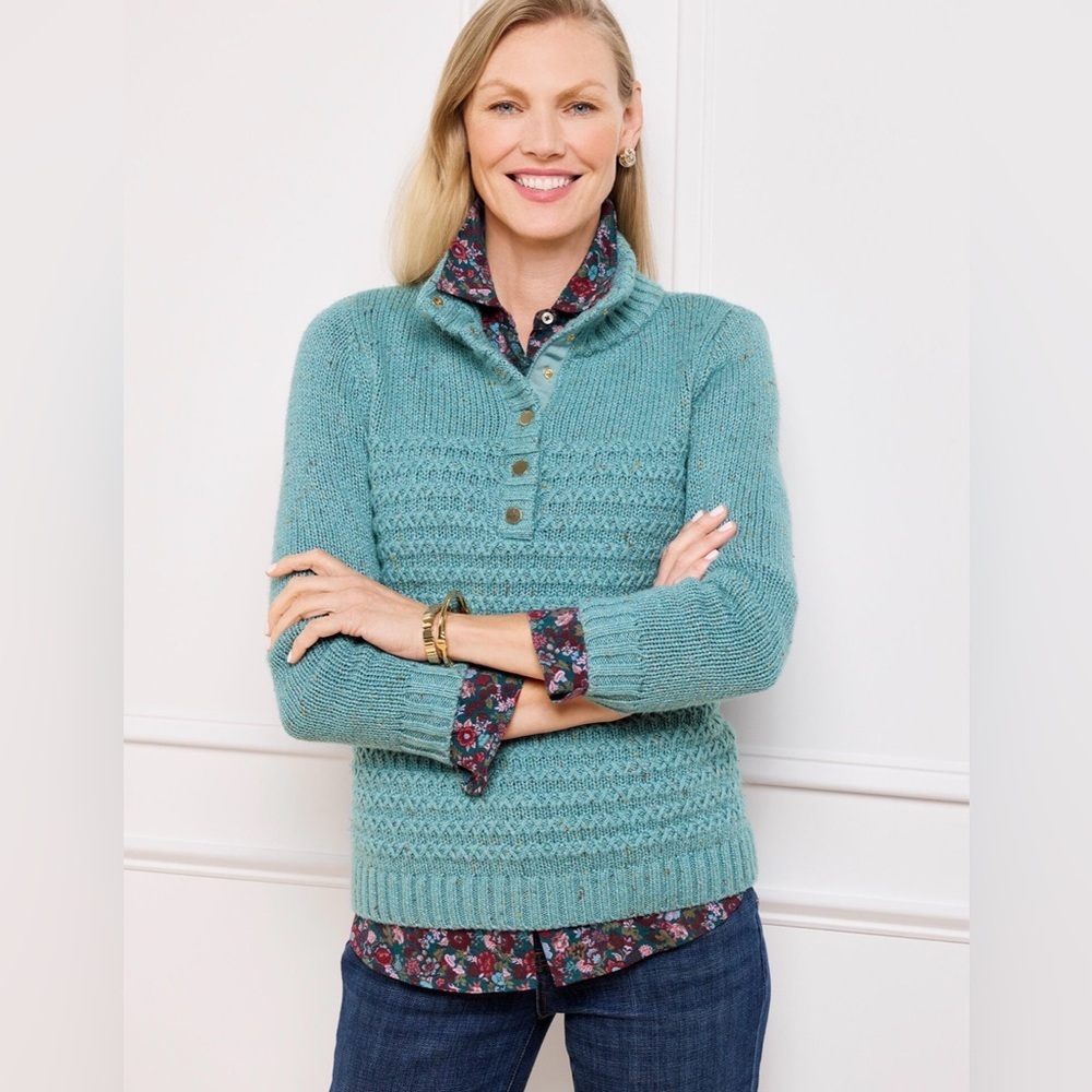 Talbots Texture Tweed Snap Mockneck Sweater Size XL EUC